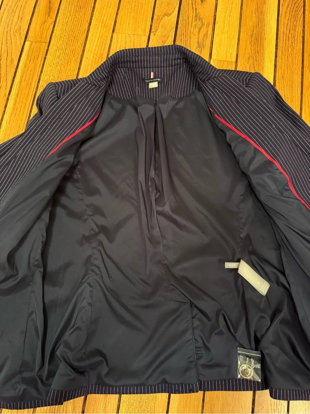Tommy Hilfiger Navy Pinstripe Blazer with Elbow Patches - Picture 8 of 12